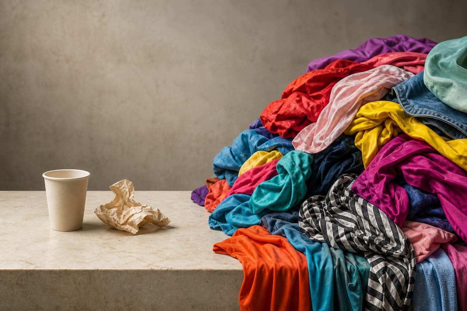 An empty takeaway cup beside a pile of leftover clothes that will not disappear