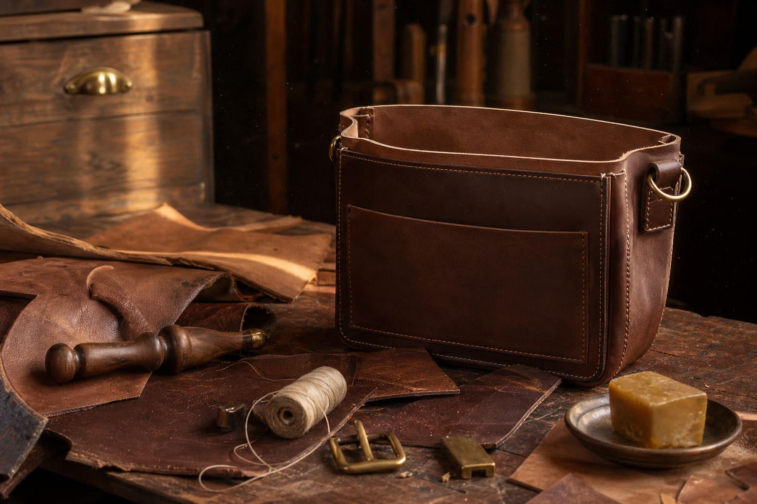 A leather atelier table with tools, thread, and a hand-finished bag in progress