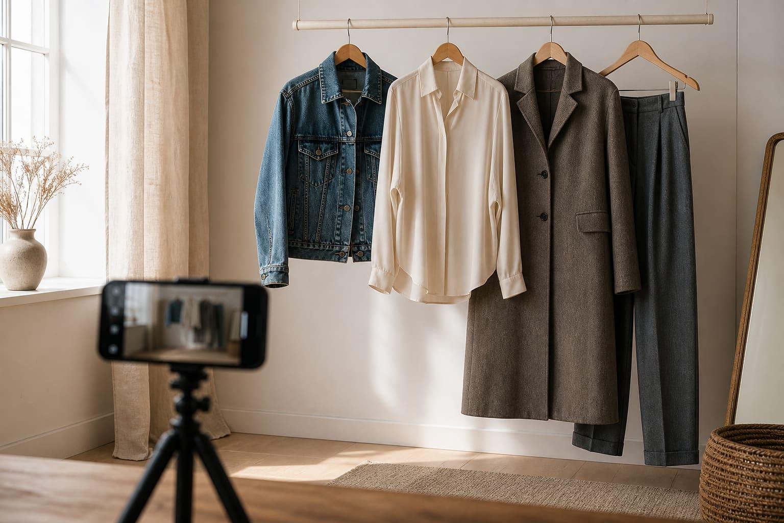 Vintage clothes hanging in a row in front of a phone on a tripod, ready to photograph in one batch