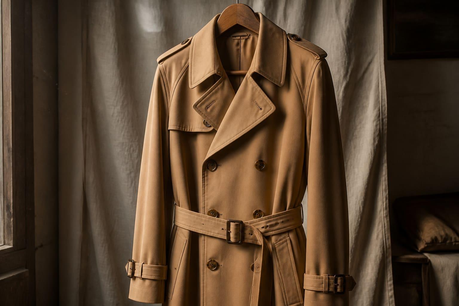 A well-lit vintage camel trench coat on a wooden hanger against a linen backdrop