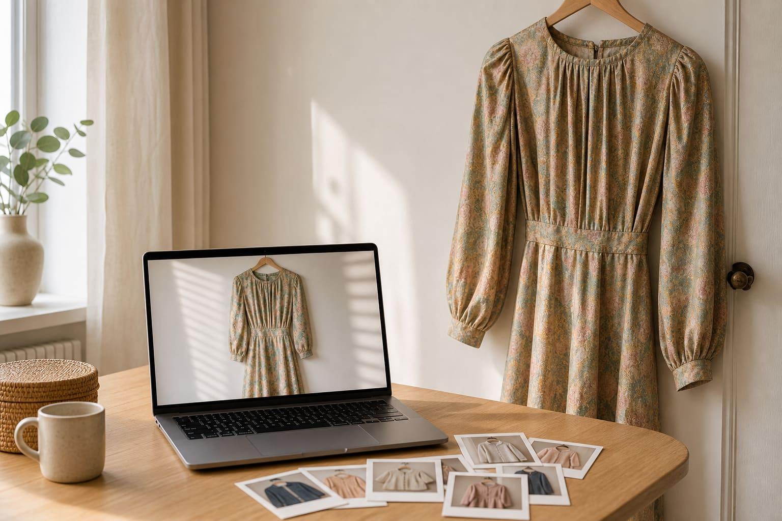 A vintage dress hanging beside a laptop showing a clothing listing draft