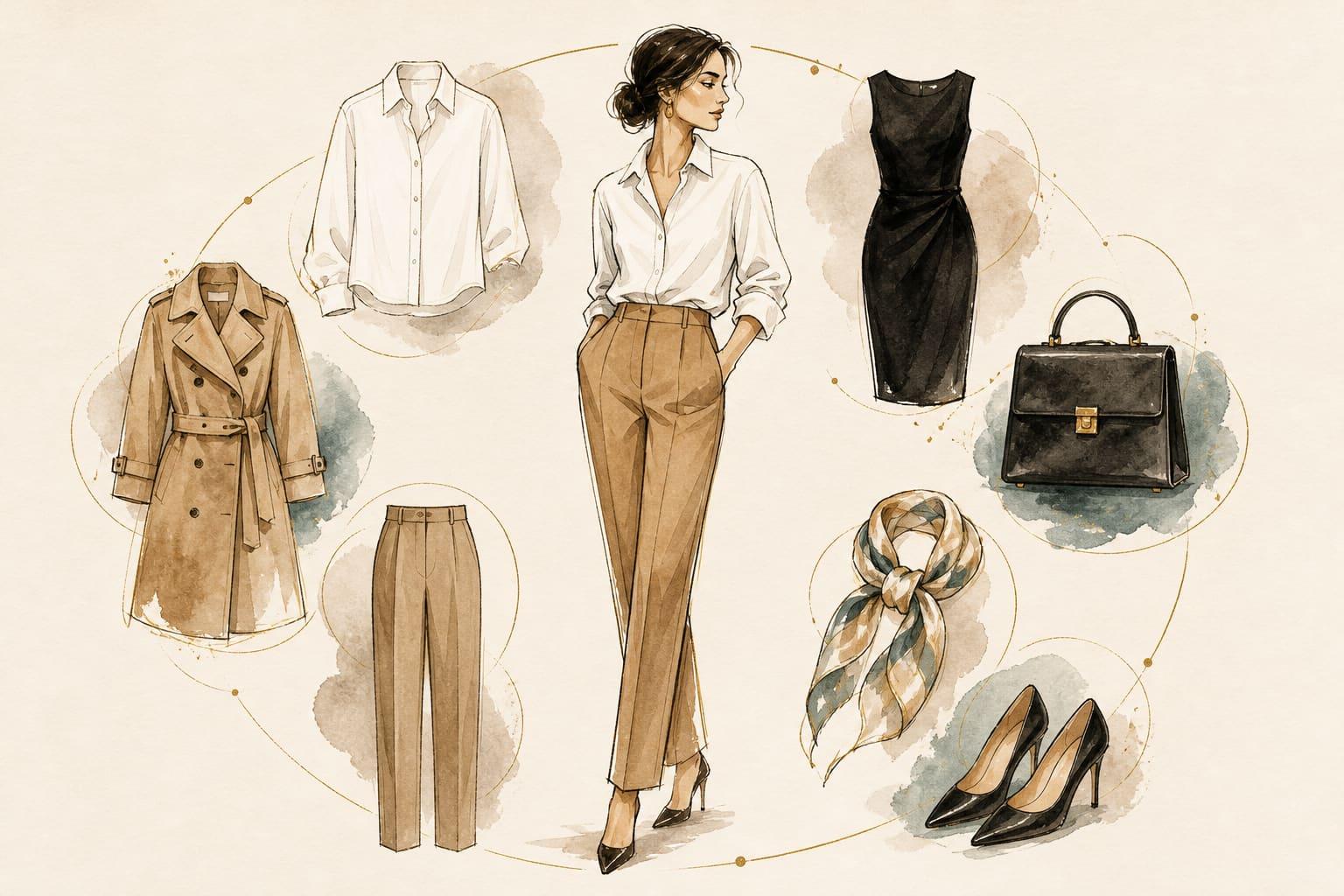 Illustration of a modern classic woman in a trench coat, white shirt, and tailored trousers