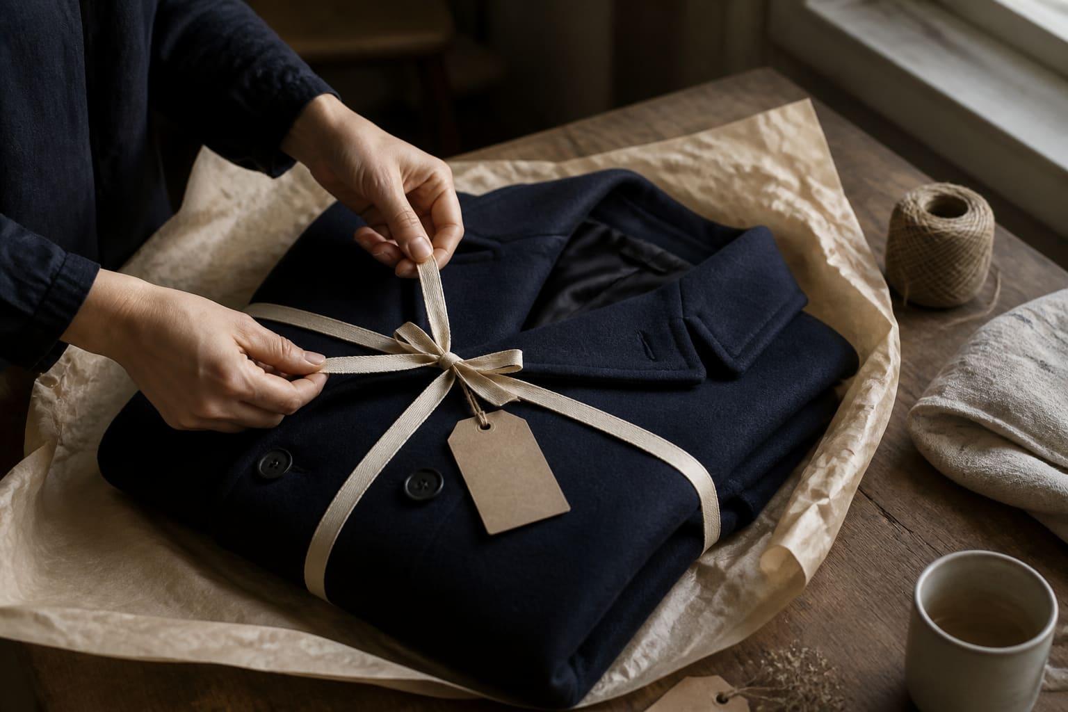 Hands wrapping a vintage wool coat in tissue paper to pass it on to a new owner
