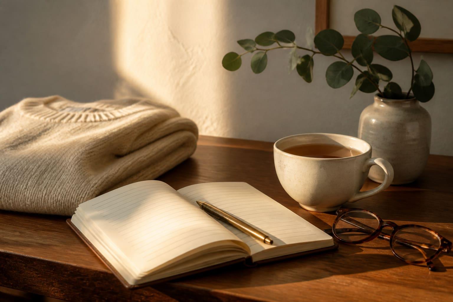 A folded sweater beside a notebook and pen on a sunlit desk, ready for a reusable listing template