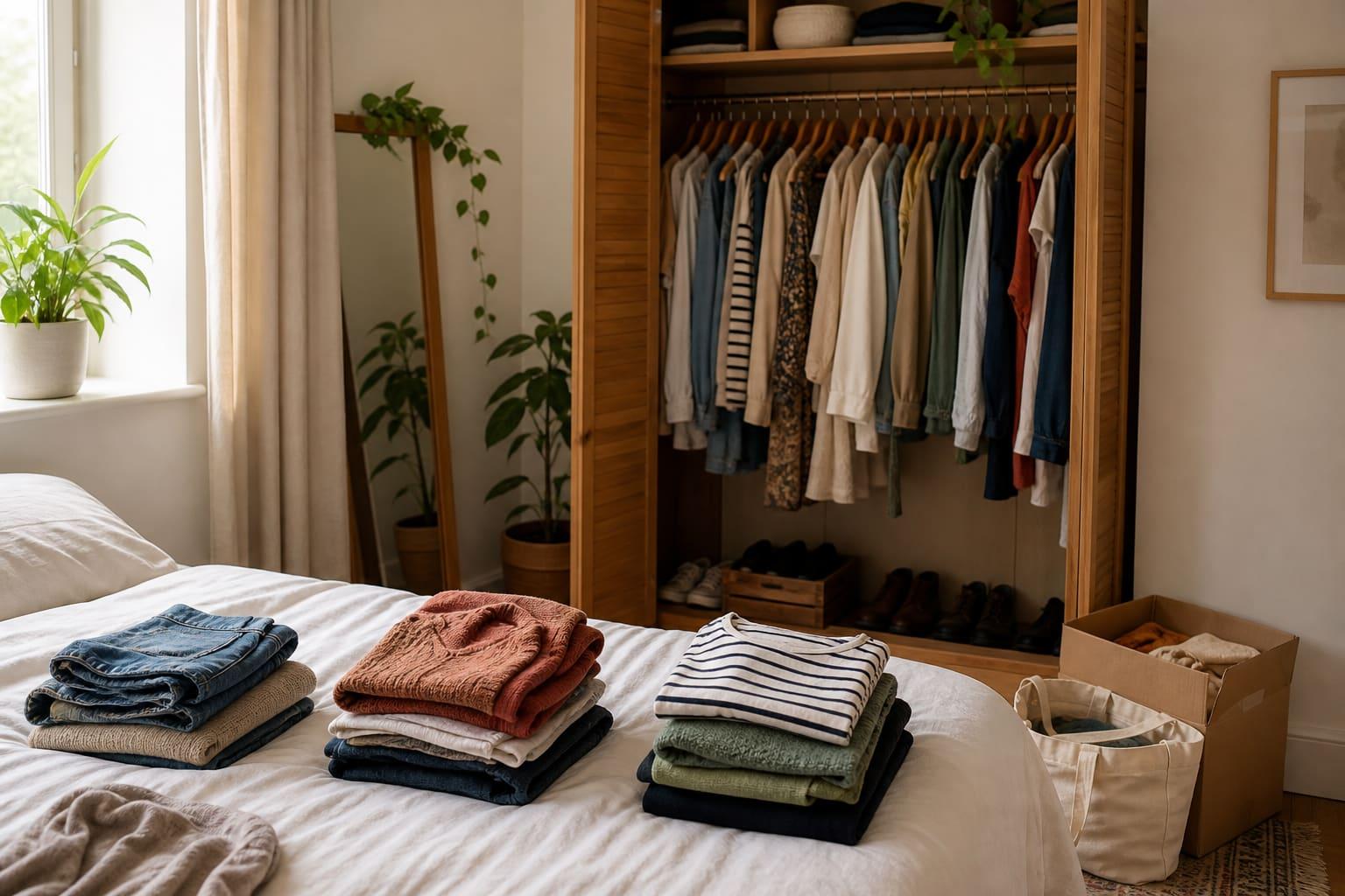 An open wardrobe with clothes sorted into keep, sell, and donate piles on the bed